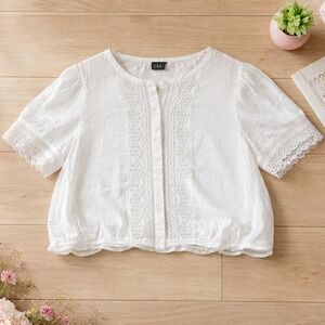 Gap Cropped Blouse Women XL White Eyelet Lace Cotton Gauze Boho Peasant Top